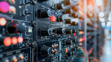 Fototapeta premium Industrial Technology: Exploring the complexities of an industrial control panel with its array of buttons and knobs, designed to regulate machinery and equipment.