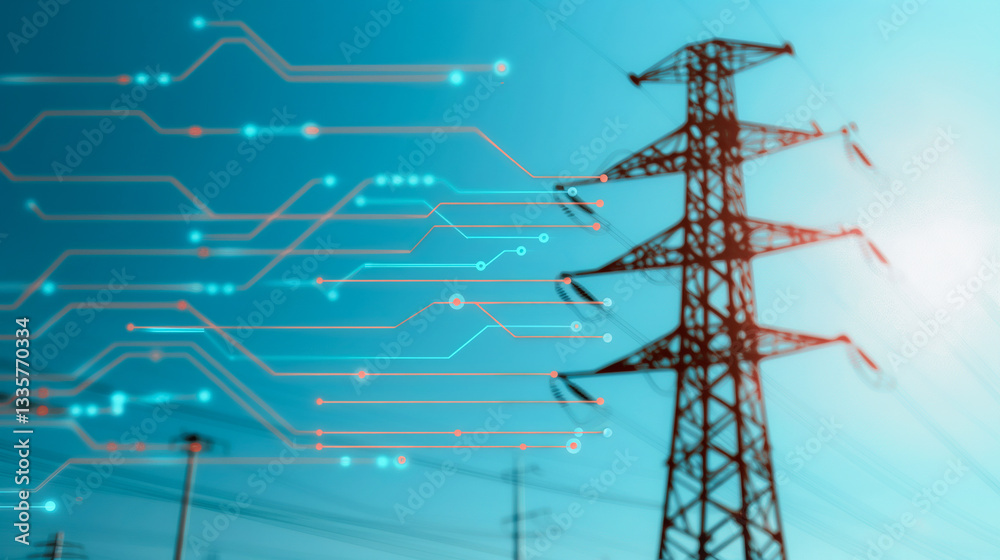 Poster power grid connectivity: a striking image of a power grid tower, intertwined with a digital circuit 