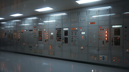 Control Panel Room: An expansive view of a modern control panel room, showcasing rows of complex electronic control panels with illuminated displays.