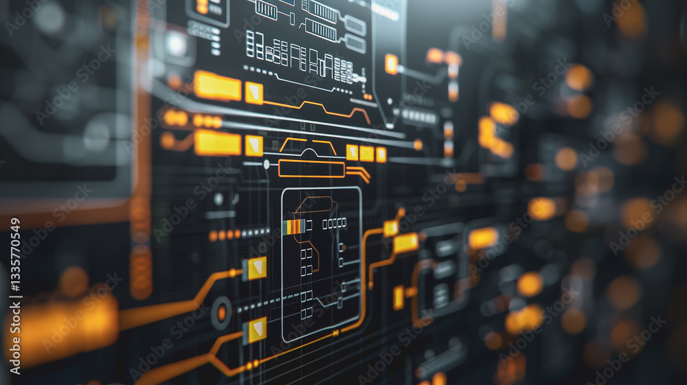 Poster digital circuit board: a complex array of interconnected circuits and components comes to life, high