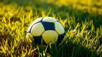 a soccer ball rests on a lush, emerald green grassy field, with blades of grass gently swaying in the breeze