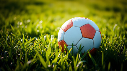 a soccer ball rests on a lush, emerald green grassy field, with blades of grass gently swaying in the breeze