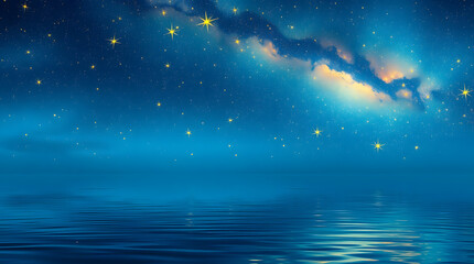 a night sky with a multitude of twinkling stars, set against the tranquility of a peaceful body of water, calming blues and radiant yellows color palette