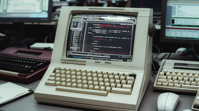 Retro Computing: A vintage computer setup, evoking nostalgia for the early days of technology, featuring an old CRT monitor, keyboard, and a glimpse of the digital interface. - Powered by Adobe