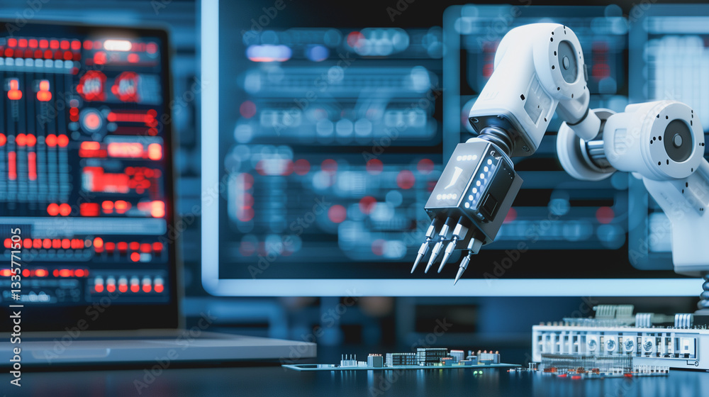 Poster robotic arm and digital interface: a futuristic scene showcases a robotic arm interacting with a dig