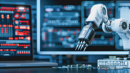 Robotic Arm and Digital Interface: A futuristic scene showcases a robotic arm interacting with a digital interface and computer screens, symbolizing the advancements in automation and technology.