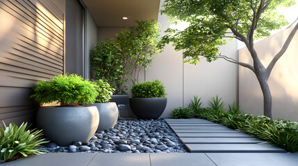 Fototapeta premium patio exterior de una casa moderna y minimalista decorado con macetas grandes de concreto diseño elegante y sofisticado