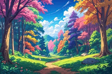Idyllic Anime Cartoon Style Vibrant Woodland Panorama Illustration