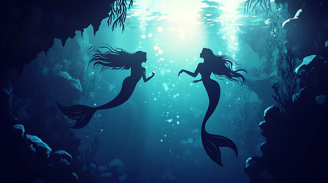 Two enchanting mermaids converse underwater in a vibrant aquatic cave, surrounded by bubbles and sea plants
