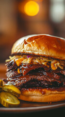 Gourmet Brisket Sandwich with Cheese Sauce and Pickles