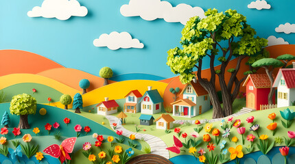 a vibrant and whimsical depiction of a summer scene set in a paper village, generative ai