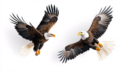Obraz premium Two American Bald Eagles Flying Freely Against a White Background Inspiring Strength and Freedom