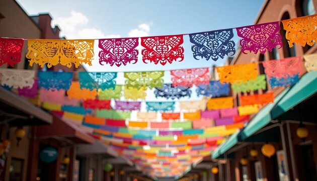 "Colorful papel picado banners hanging across a lively Cinco de Mayo market street."