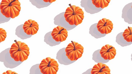 A seamless pattern featuring craft paper pumpkins on a white background with bright sunlight and long shadows in an isometric view, perfect for autumn-themed designs.

