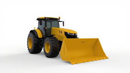 Fototapeta premium Yellow tractor with a large front loader on a white background, showcasing modern agricultural machinery