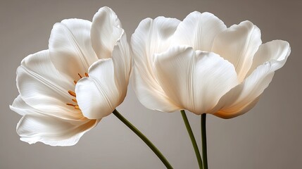 Two elegant, light cream tulips against a muted background.  Delicate petals and stems