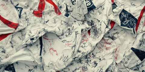 Crumpled white and red plastic bags with various markings piled together in a chaotic arrangement