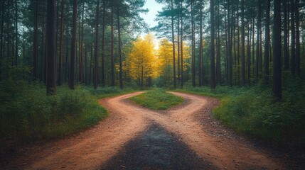 Naklejka premium Two paths diverging in a forest. Sunlight filters through the trees
