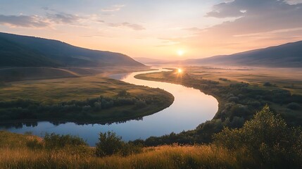 Obraz premium A soft-hued sunrise reflecting off a winding river in the heart a lush valley