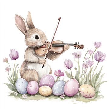 A charming bunny playing violin surrounded by colorful Easter eggs and flowers.