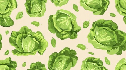 A seamless pattern featuring fresh lettuce heads on a beige background, creating a natural and healthy food-inspired design for wallpapers, fabrics, and packaging.

