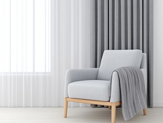 Cozy modern armchair with gray blanket beside sheer curtains in bright room