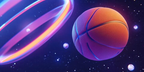 Fototapeta premium A vibrant basketball floating in a cosmic scene with colorful rings and distant planets