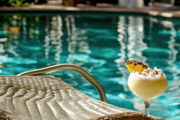 Refreshing tropical cocktail with whipped cream and pineapple slice by a serene poolside setting
