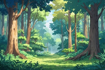 Serene Animated Forest Background Banner in Cartoon Style for Tranquil Aesthetic