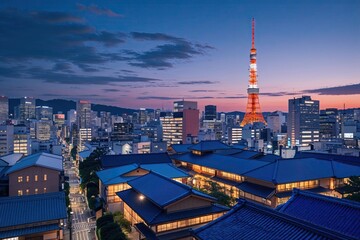 Naklejka premium Mesmerizing Tokyo Twilight Cityscape Featuring Cozy Manga Aesthetic and Charming Japanese Architecture