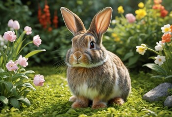 Fototapeta premium There's a rabbit sitting in the grass with flowers