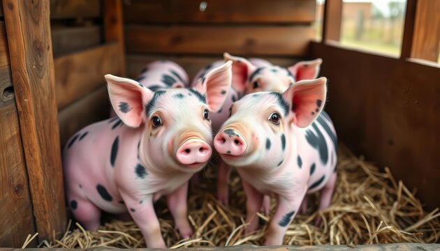 Adorable pink & black speckled mini pot-bellied pigs in wooden farm enclosure,  piggy, animal husbandry