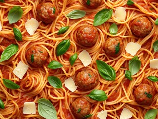 Delicious spaghetti and meatballs garnished with fresh basil and cheese