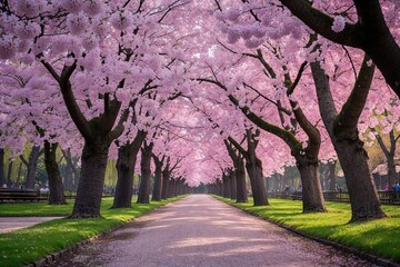 Serenity of Cherry Blossom Trees in a Picturesque Park Backdrop for Floral Wallpaper or Event Invitation Design