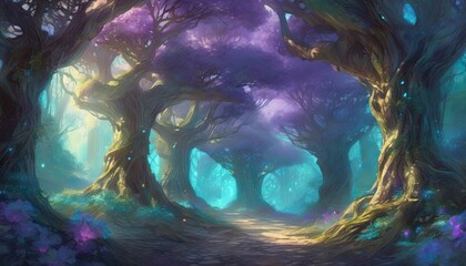 Magical Fantasy Trees in Enchanted Ancient Forest with Glowing Light

