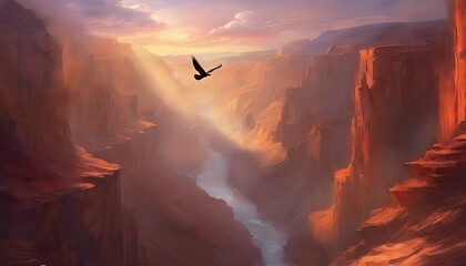 Beautiful landscape with a bird flying in a valley