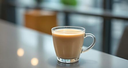 A delicate cup of Hong Kong-style milk tea placed on a sleek, modern surface, with the background blurred out to provide ample 