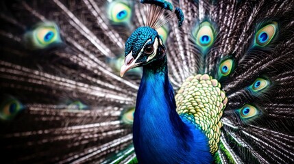 Obraz premium Majestic Peacock Vibrant Plumage Detailed Portrait Wildlife Photography