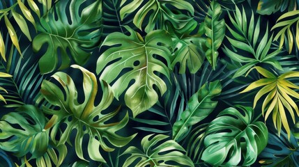A seamless watercolor pattern featuring hand-painted tropical leaves, creating a lush jungle-inspired design for summer-themed backgrounds, textiles, and wallpapers.

