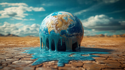 hyper realistic image of planet Earth melting, surrounded by cracked desert landscape. blue oceans appear to drip, symbolizing climate change and environmental issues