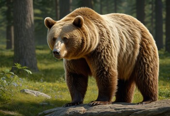 A large brown bear stood on a rock in the woods