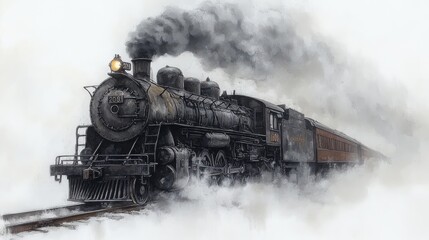 Fototapeta premium Vintage steam train in snowy landscape. Powerful locomotive pulling a passenger train through a wintery scene, steam billowing from its engine. A nostalgic image of train travel