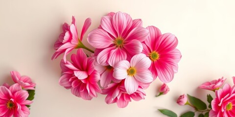 Overhead shot of pink flowers arranged on pastel background , overhead view, pretty