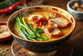 Steaming bowl of ramen, tender pork, vibrant green onions, fiery chili, yummy, bowl