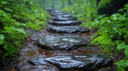 Naklejka premium Wet stone path through lush forest