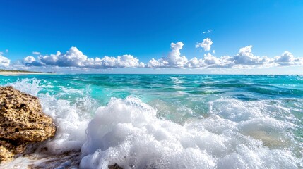 Obraz premium Ocean Waves Crashing on Shore Tropical Beach Scene High Resolution Image