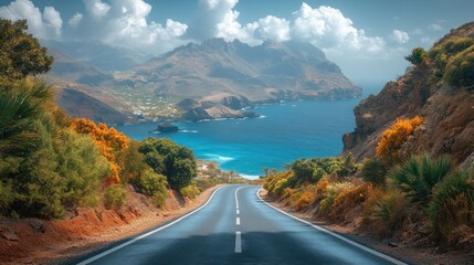 Obraz premium Coastal Highway Journey: A Scenic Drive Along the Ocean