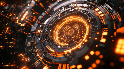 Obraz premium a futuristic cyberpunk background with black and orange elements, glowing lights around a large