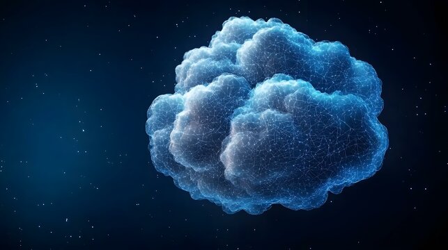 A stylized cloud-like form, rendered with a network of interconnected points of light, floats against a dark, starry background.