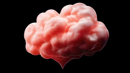 The image contains a 3D rendering of a red, cloud-like form with a wireframe mesh overlay, set against a black background.A medium description sentence:  A digital rendering depicts a reddish, organi